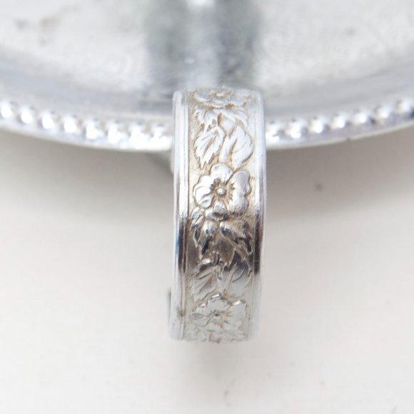 Vintage Silver Plated Chamberstick Embossed Floral Circular Drip Pan Beaded Edge - Picture 7 of 9